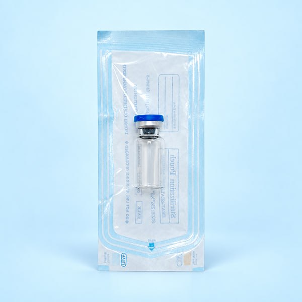 Clear 3 mL glass vial with blue flip-off cap and aluminium crimp seal in individual packaging