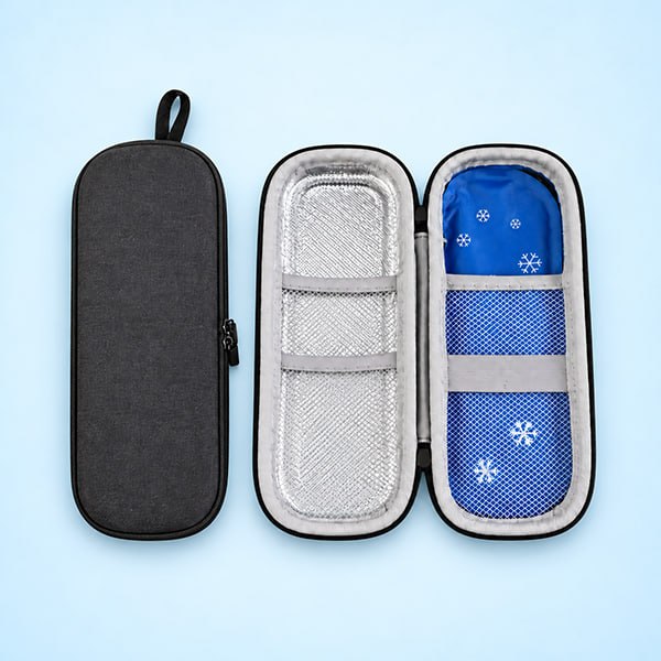 Black injection pen cooler case shown closed and open with silver lining, elastic retainers and blue reusable gel pack