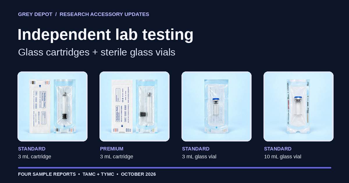 Grey Depot Standard and Premium glass cartridges beside Standard 3 mL and 10 mL glass vials